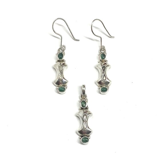 Sterling Silver Earrings, Chic Boho Style Emerald Earrings + Pendant set - Picture 1 of 6
